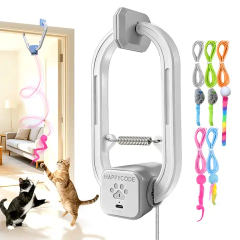 HAPPYCODE Rechargeable Door-Mounted Electric Cat Interactive Toy - Dual Mode Upgrade (Blue), 2 Play Modes, Adjustable Length String, Durable & Safe, Soft on Skin, Flexible Mounting, Indoor Use, Stress Relief Accessory