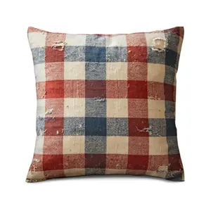 Vintage Red White Blue Buffalo Check Throw Pillow, Farmhouse Rustic Cushion with Frayed Edges, Patriotic Plaid Decor Pillow for Living Room Bedroom
