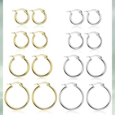 LOYALLOOK Gold Hoop Earrings Set Stainless Steel Rounded Small Hoop Earrings Set for Women Cute Huggie Earrings Nickel Free 10/12/15/20MM