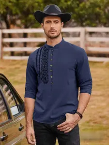 Men's Fashion Trendy Stand Collar Chinese Style Printed Half Button Long Sleeve Shirt, Breathable Sweat-Absorbing Fabric, Spring Summer Casual