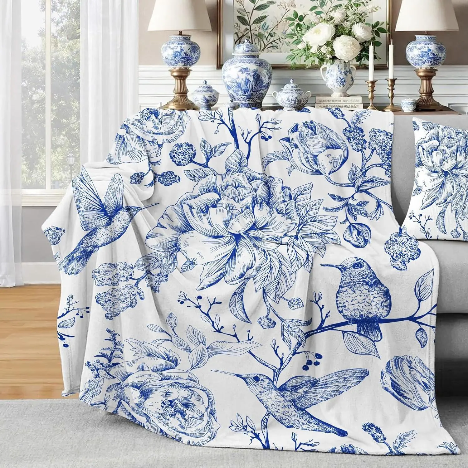 Flannel Blanket | Spring Blue White Floral Throw Blanket, Chinoiserie French Country Soft Blanket For Women Girls, Soft Flannel Hummingbird Blanket For Coastal Victorian Decor | Gift Blanket / All Season