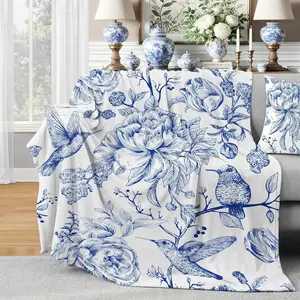Flannel Blanket | Spring Blue White Floral Throw Blanket, Chinoiserie French Country Soft Blanket For Women Girls, Soft Flannel Hummingbird Blanket For Coastal Victorian Decor | Gift Blanket / All Season