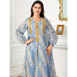 Women's Middle Eastern-Inspired Beaded Arab Dress - V-Neck Long Sleeve Loose Fit with Floral Applique, Machine Washable All-Season Traditional Attire