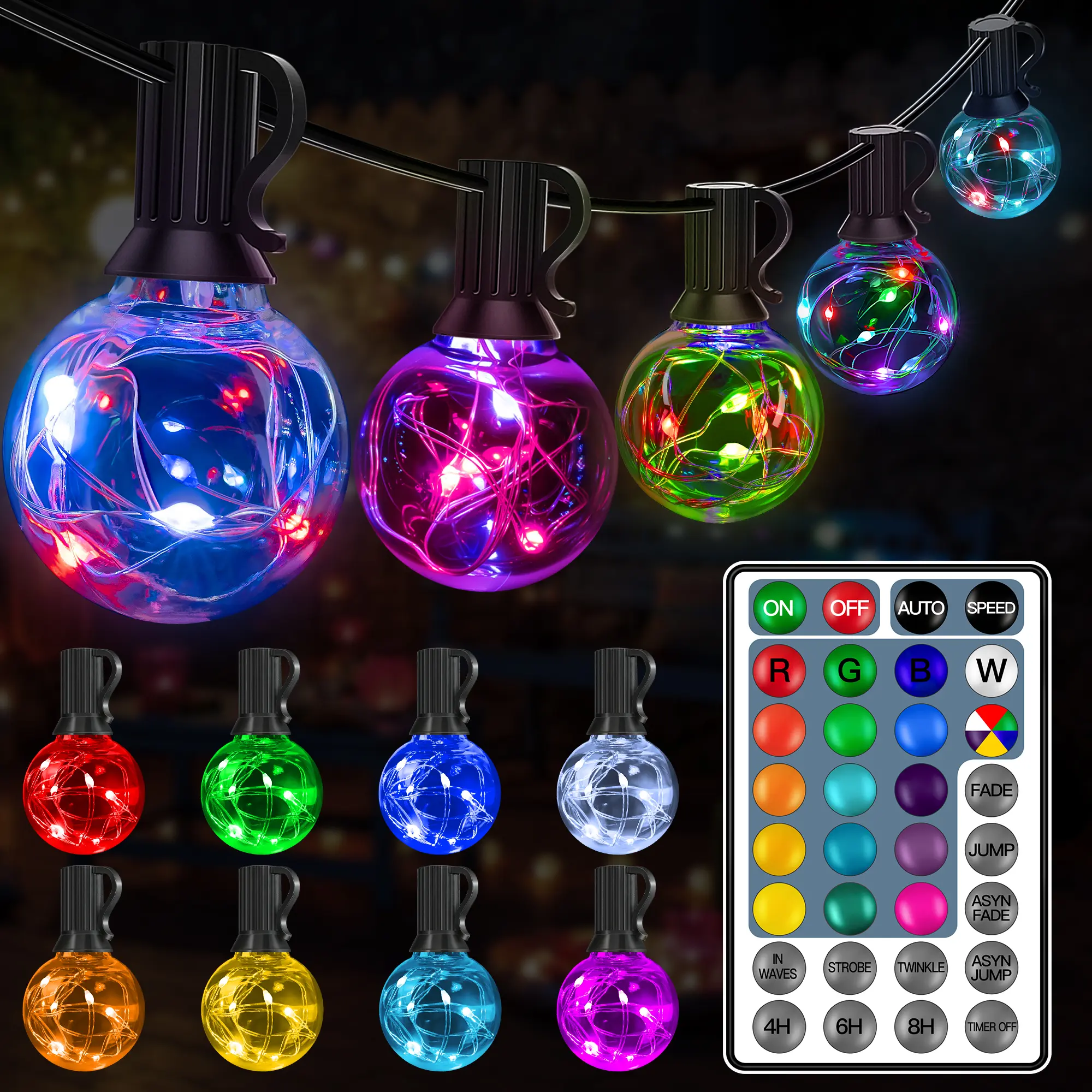 Ollny Outdoor Lights 30FT 30Bulbs, RGBW Color Changing String Light, Plug in Remote Waterproof Shatterproof Timers G40 Patio Lights for Outside Balcony Porch Camping Deck Yard Party Holiday Halloween Christmas