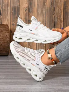 Women's Breathable Mesh Lace-Up Sneakers - Chunky Blade Sole Casual Sporty Running Shoes with Letter Print for Everyday & Street Style