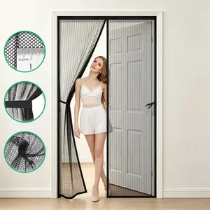 AIYYIPA Magnetic Black Striped Mesh Screen Door, Auto Self-Closing Mosquito Net Door Curtain, Thickened No Drill Mount Door Screen, Pet Friendly for Bedroom, Bathroom, Balcony, Kitchen Front Door