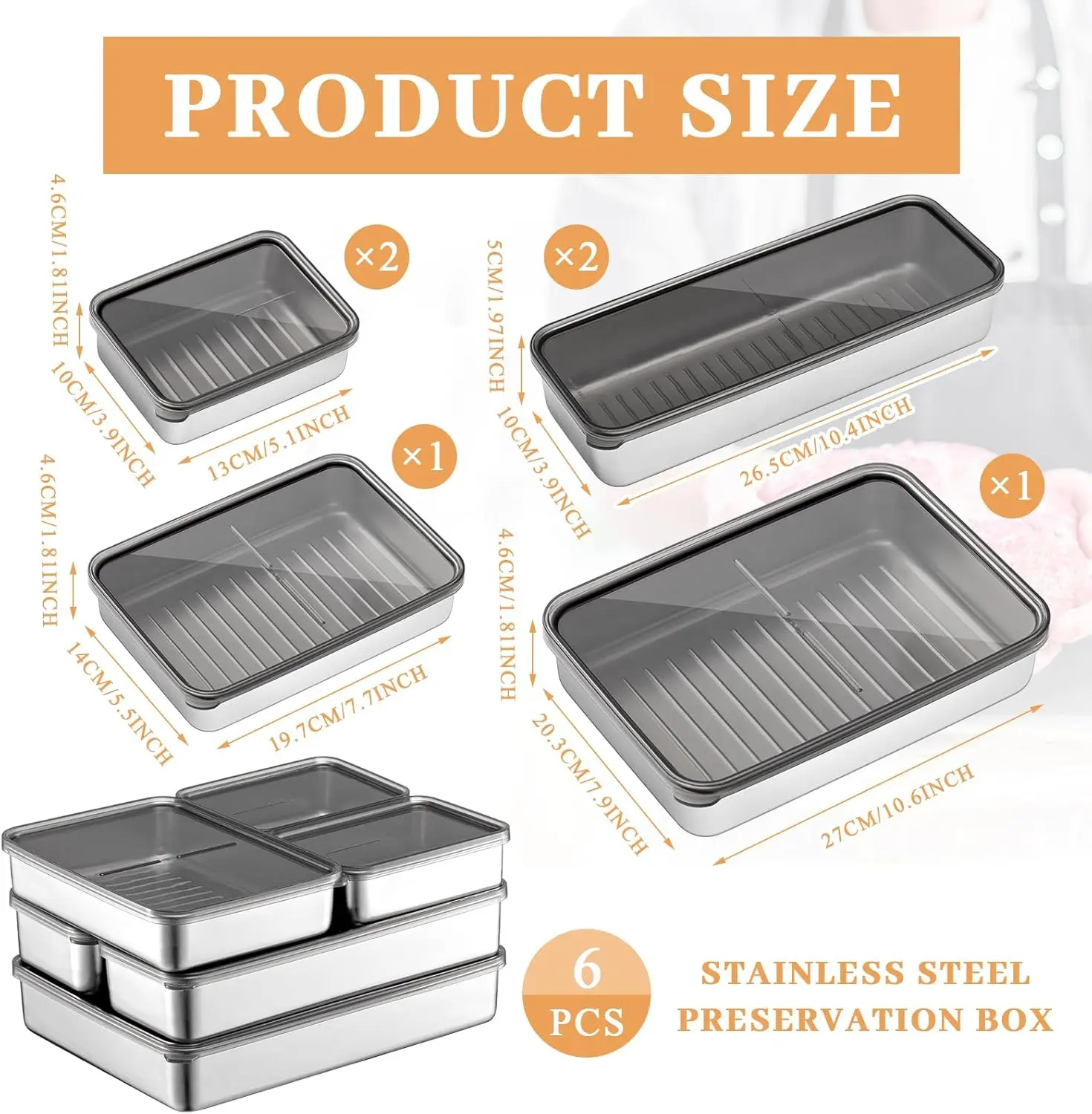 6 Packs Bacon Cheese Container for Refrigerator, 304 Stainless Steel Airtight Deli Meat Container, Dishwasher Safe Fridge Storage Fruit Lunch Storage with Lids for Fridge