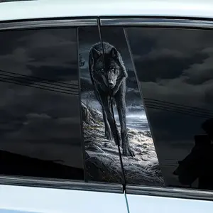 1 Pair Nighttime Black Wolf Cartoon PVC B-Pillar Stickers, Self-Adhesive Waterproof Scratch-Resistant, for Glass, Metal, Plastic, Ceramic, Wood Surfaces - Car Decals, Anime Fantasy Animal Space Cartoon Theme, Rectangular, Semi-Matte Finish Truck Accessori