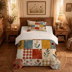 2/3 Pcs Duvet Cover Set, Vintage Cottage Patchwork Botanical Style, No Pillow Inserts or Comforter Insert, 1 Duvet Cover and 1/2 Pillowcases, Soft Bedroom Decor Gift for Women Friends Couples