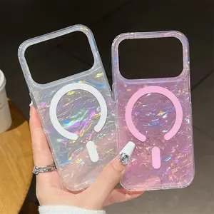 Glitter Shell Texture Magnetic Soft PC Case For Magsafe For iPhone 17 16 15 14 13 Pro Max Plus Wireless Charging Back Cover