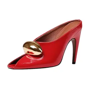 Women's Metallic Ornament Peep Toe High Heel Mules | Patent Leather Party & Casual Heels