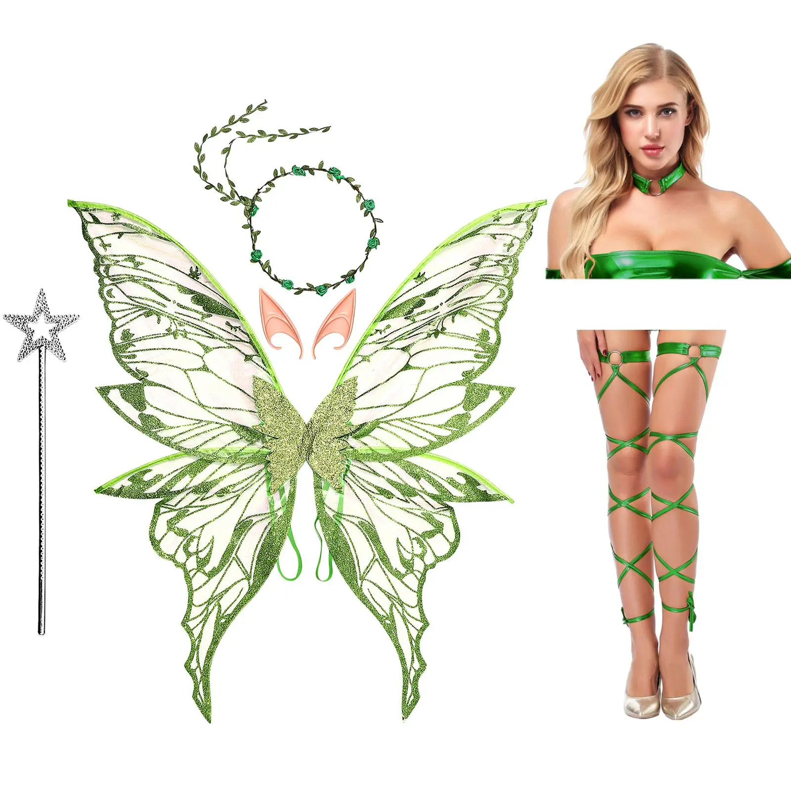 OIDEA Polyester Fairy Theme Halloween Costume Accessory Set, Set Includes Butterfly Angel Wings, Magic Wand, Flower Crown, Elf Ears, Garter Belt and Choker