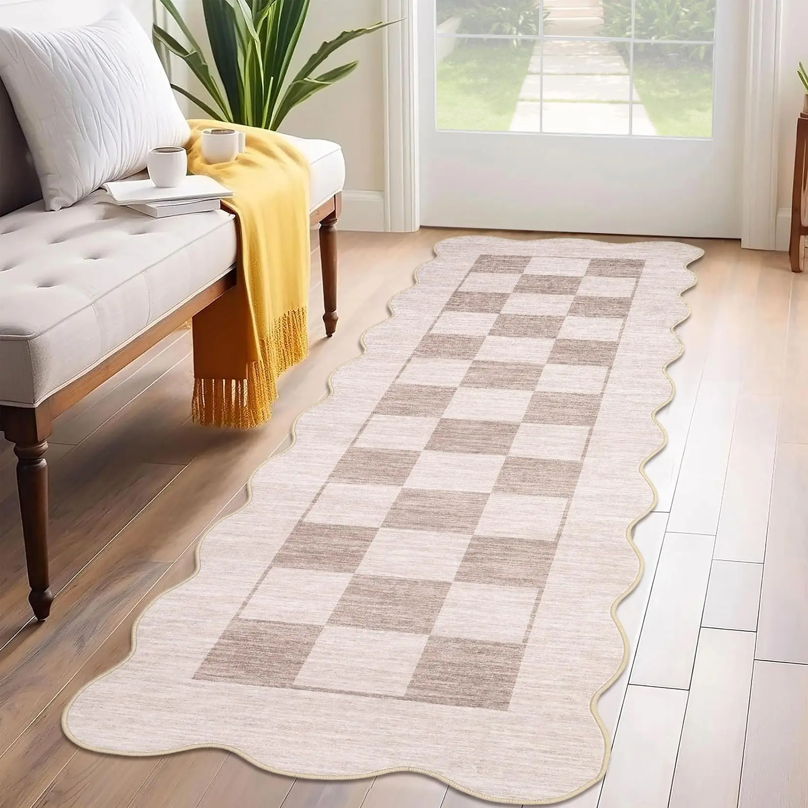 Garvee Washable Scalloped Runner Rug 2x6 - Modern Checkerboard Design, Non-Slip Entryway Hallway Rug, Soft, Non-Shedding, Foldable Low Pile Carpet for Indoor Use, Beige Kitchen Mat
