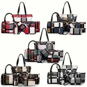 6pcs/set Large Capacity Checkered Pattern Shoulder Bag With Simple Handbag, Crossbody Bag, Clutch Bag, Long & Short Wallet