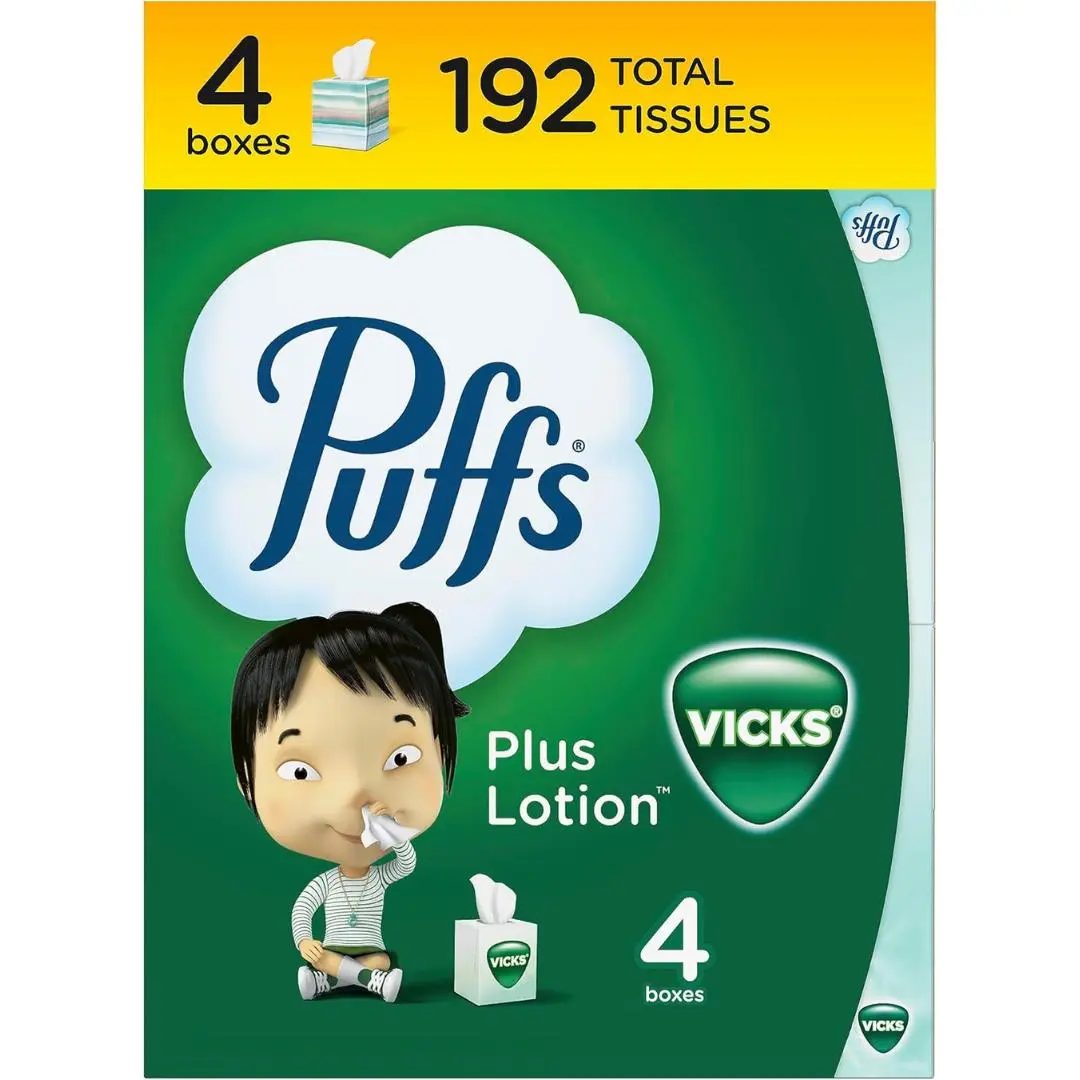Puffs Plus Lotion with Vicks Facial Tissues, 4 Cubes, 48 Tissues per Box