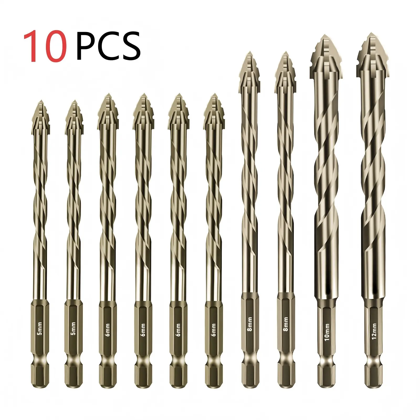 10-Piece Four-Blade Sawtooth Offset Drill Bit Set, 5-12mm, Tile Drill Bits, Durable and Efficient for Concrete, Tile, Glass, Metal, Brick, Plastic, Wood