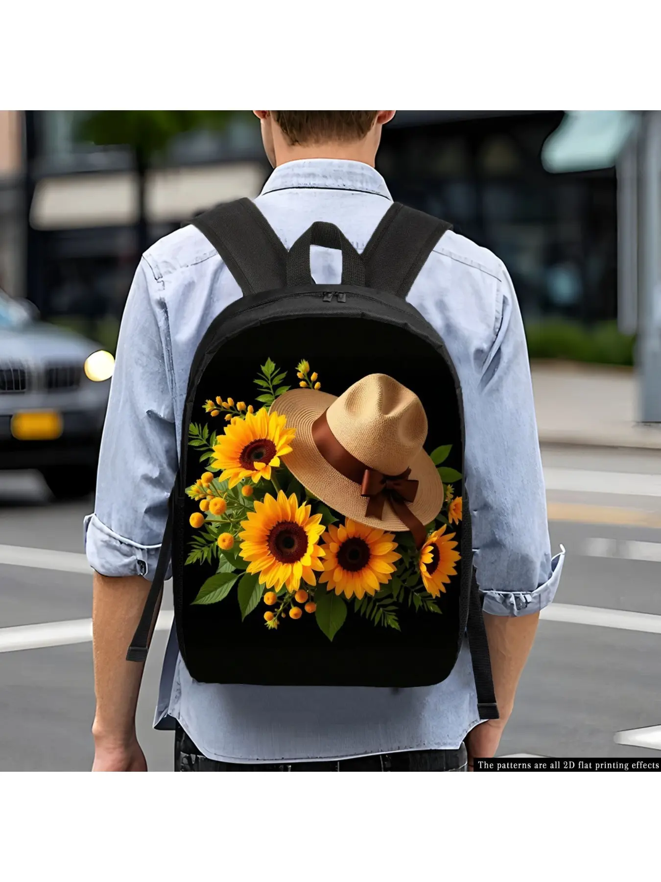 Sunflower & Straw Hat Print Backpack - Lightweight Foldable Polyester Daypack with Adjustable Straps & Zipper Closure for College, Hiking, Camping, Travel - Unisex Casual Outdoor Bag