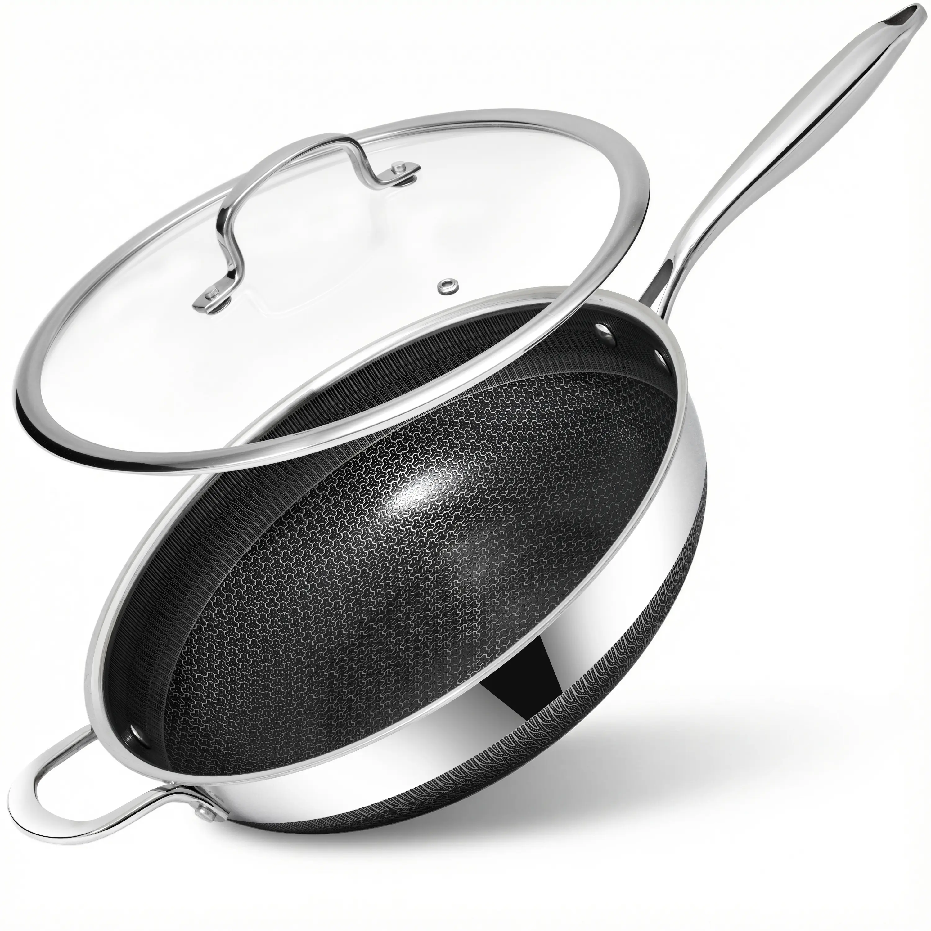 USELUCK 13-Inch Hybrid Stainless Steel Wok Pan with Lid - Nonstick Stir Fry Cookware, Dishwasher Safe, Induction Compatible, PFOA Free