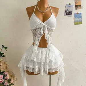 Soleia Women's 2-Piece Sexy Sheer Lace Set - Asymmetrical Hem Backless Tie-Front Crop Top, Mini Skirt, Suitable for Beach Vacation