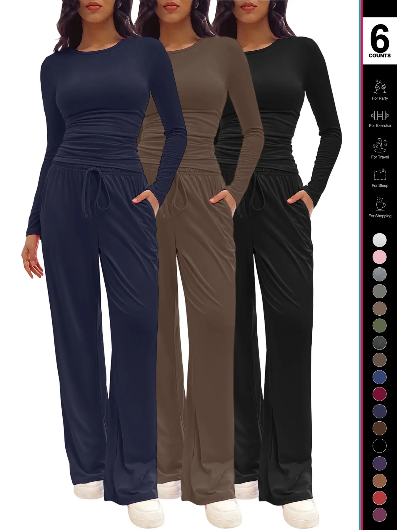 Women's Solid Ruched Drawstring Loungewear Set, Casual Fit Long Sleeve Round Neck Top & Pocket Wide Leg Trousers, Ladies Sleepwear for All Seasons Women's Solid Ruched Drawstring Loungewear Set, Casual Fit Long Sleeve Round Neck Top & Pocket Wide Leg Trousers, Ladies Sleepwear for All Seasons