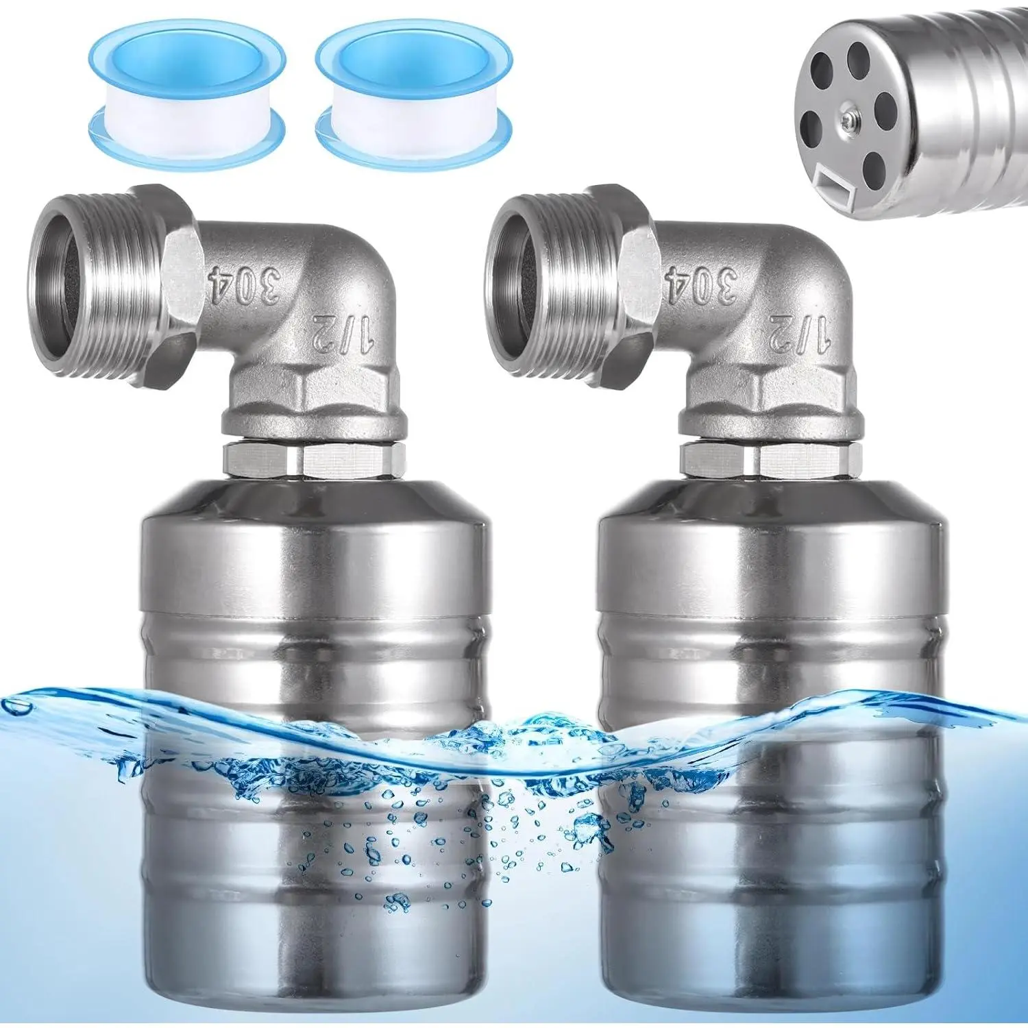 2 PCS Float Valves, 1/2" to 3/4" Fully Automatic Water Tank Float Valve, 304 Stainless Steel Water Level Control Float Valve for Water Tanks, Kitchens, Water Towers, Pools, Livestock Troughs
