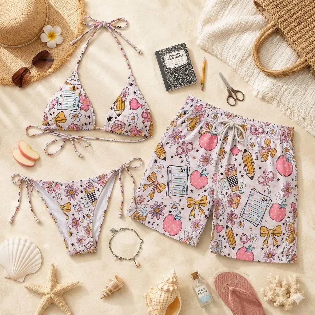 Matching Couple Swimsuits, School Theme Beach Outfit & Bikini, Teacher Appreciation Vacation Set, Teacher Appreciation Summer Swimwear, His & Hers School Print Bathing Suits, Fun Matching Beach Set