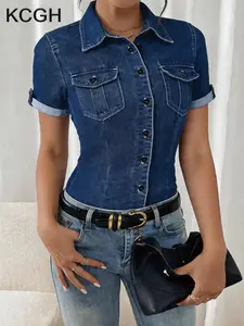 KCGH SS26 Spring Summer Plus Size Womenswear Classic Blue Basic Denim Shirt Blouse, Short Sleeve Stretch Top with Chest Pocket, Casual Business Top, Casual Work Office Wear for Curvy Women