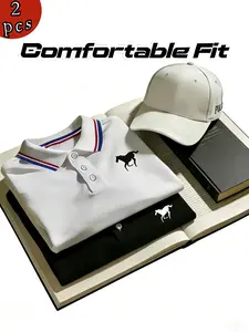Men's Polo Shirt Set, Breathable, Casual Fashion Home Wear, Business Style, Unisex, Solid Color Short Sleeve Horse Print, Summer New Arrival