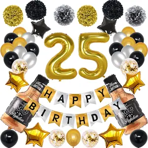 25th Gold Birthday SetGold, Black, & Silver Balloons for Men & Women’s Special Birthday