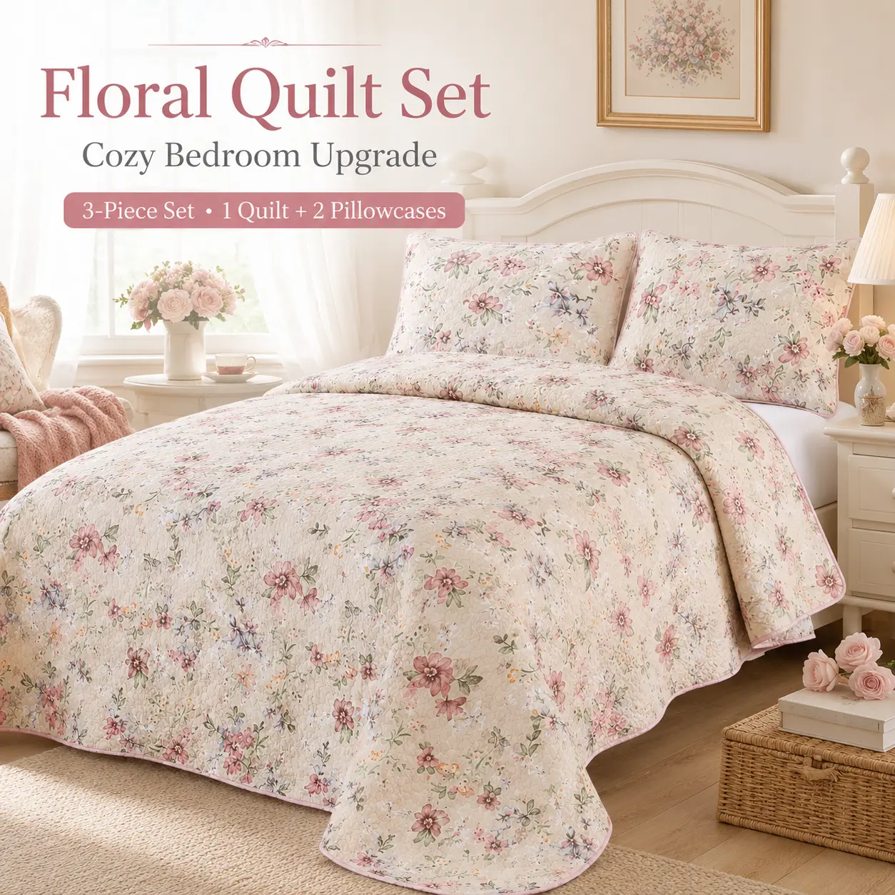 3-Piece Floral Bedding Set - Soft Texture Polyester Quilt with 2 Pillow Shams, Vintage Cottage Style Bedspread for Bedroom Use, 86x94 in