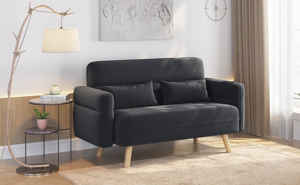 Yaheetech 46.5" W Small Fabric Loveseat Sofa with Lumbar Pillows, Solid Wood Legs, Mid Century Modern 2 Seater Sofa Couch for Dorm, Office, Bedroom