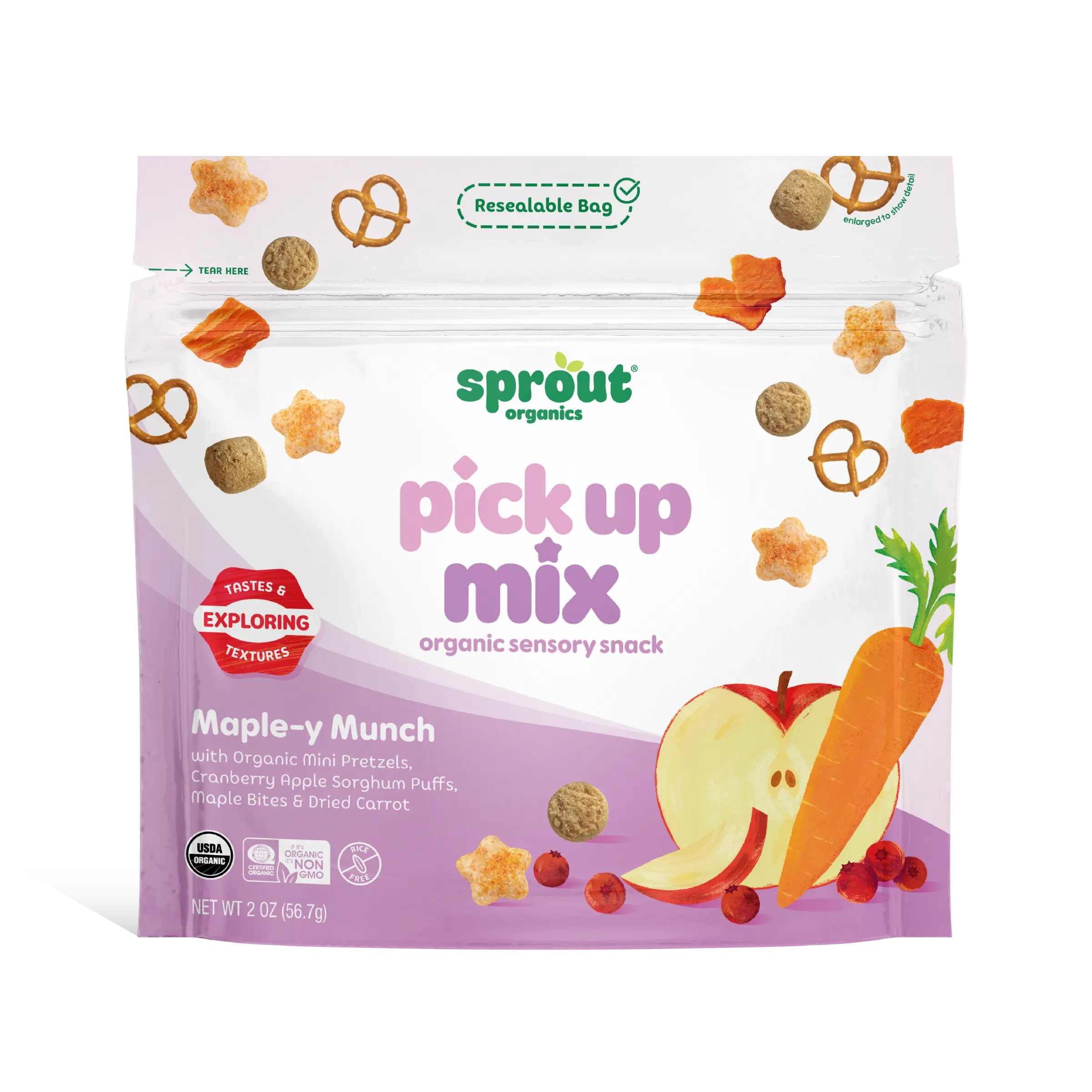 Pick Up Mix Maple-y Munch Organic Sensory Exploration Snack Mix with Sorghum Puffs, Cracker Bites, Dried Carrots & Pretzels