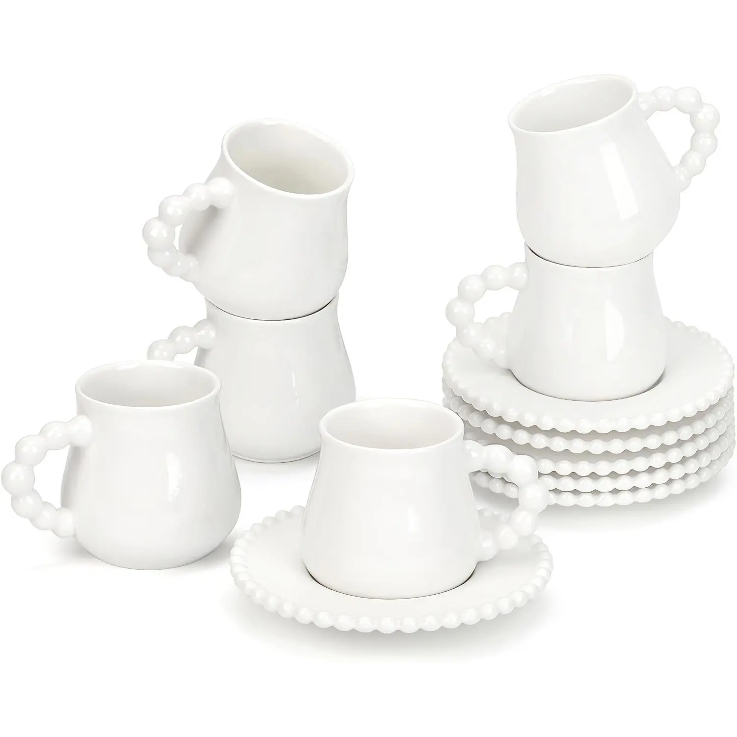 Premium 3 oz (100ml) White Ceramic Coffee Cups with Saucer Set of 6,Beaded Handle Design Thickened Inner Wall for Enhanced Durability,Small Coffee Cups for Espresso, Turkish Coffee, Macchiato, Dishwasher Safe