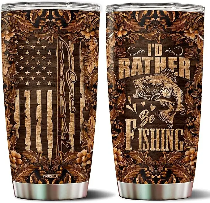 Fishing Tumbler For Men 20oz Wood Drawing Style Travel Mug, Insulated Stainless Steel Cup With Lid, Fisherman Gift For Dad, Husband, Rather Be Fishing Lover, Birthday Or Holiday