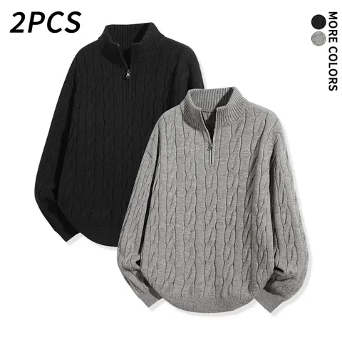 2PCS Men’s Half-Zip Cable-Knit Sweater, Vintage Loose Knitted Pullover, Long-Sleeve Thick Warm Top, Street Style for Fall/Winter Everyday Wear