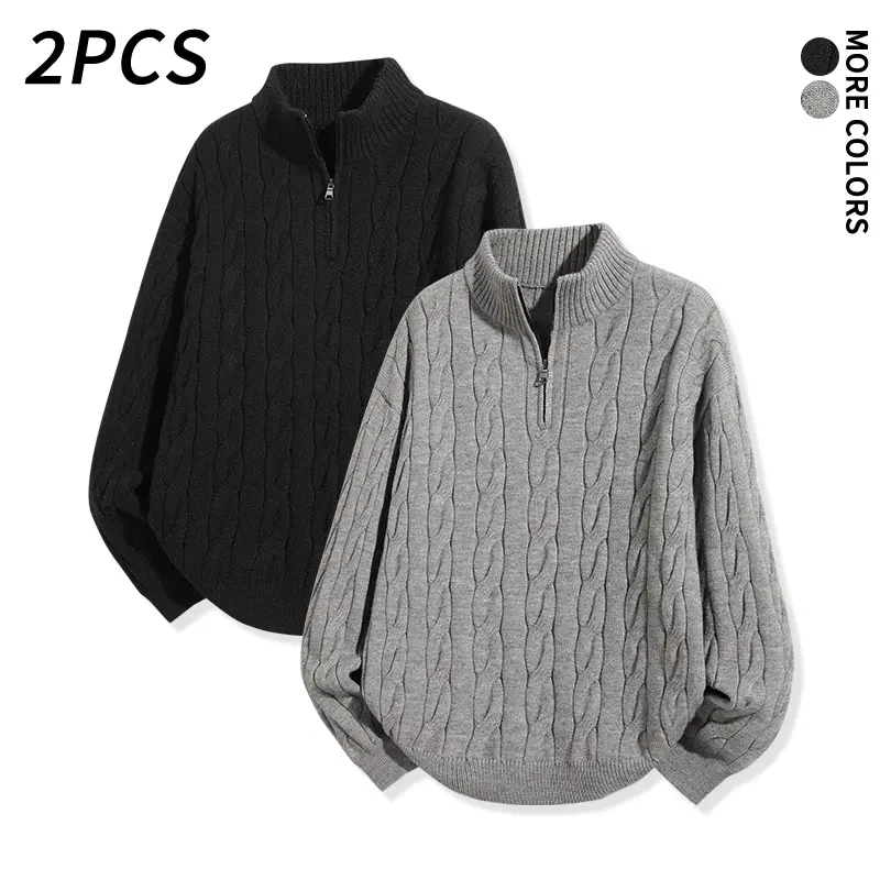 2PCS Men’s Half-Zip Cable-Knit Sweater, Vintage Loose Knitted Pullover, Long-Sleeve Thick Warm Top, Street Style for Fall/Winter Everyday Wear