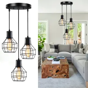 3 Vintage Industrial Metal Pendant Lights, Cage Style, E26/e27 Socket, Ceiling Mounted, Farmhouse Kitchen Island Light Fixture, Home Ceiling Lighting (no Bulbs Included)