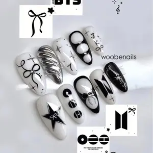Sarahmarket Black White Ribbon Star Press-On Nails, Hand-Painted Bow & Abstract Symbols, Chrome Accent Details, Minimal Chic Aesthetic, Cool Girl Nail Art, Everyday Statement Style, Custom Handmade Set