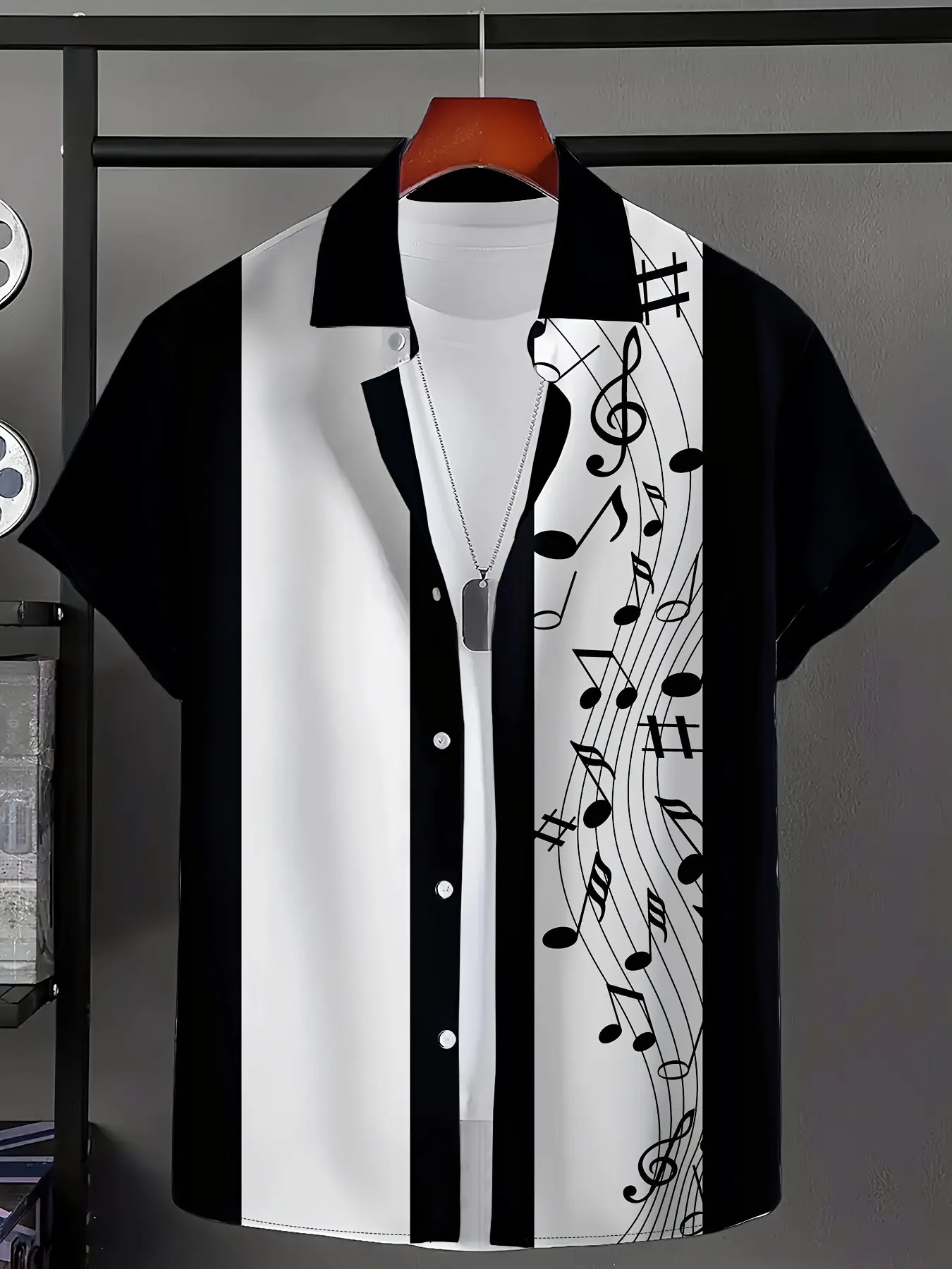 A Short-Sleeved, Oversized Men'S Shirt, Casual Printed Graphic Shirt, with a Musical Note Print And a Collar, Perfect for Music Enthusiasts to Wear at Casual Gatherings, Music Festivals, Showcasing Their Love for Music