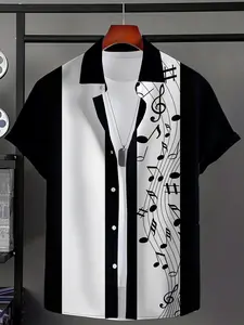 A Short-Sleeved, Oversized Men'S Shirt with a Fashionable Musical Note Print And a Collar, Perfect for Music Enthusiasts to Wear at Casual Gatherings, Music Festivals, And Other Occasions, Showcasing Their And Love for Music,
