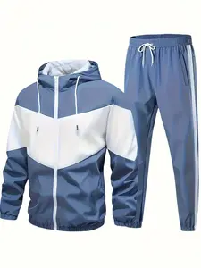 Men’s 2-Piece Zip-Up Patchwork Hooded Windbreaker Tracksuit Set - Color-Block Jacket with Side Stripes, Breathable Stretchy Track Pants, Sporty Style All-Season Casual Athletic Training Outfits