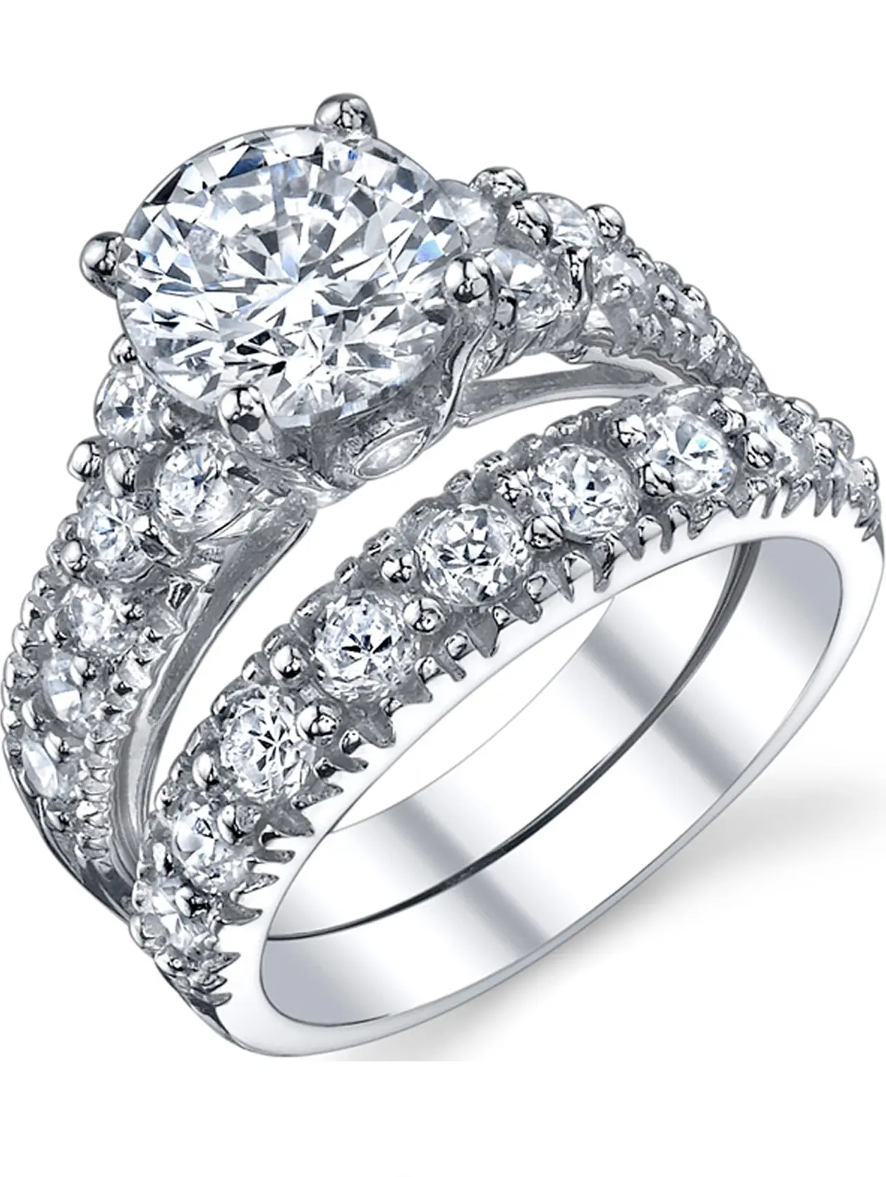 Women's 925 Sterling Silver 2-Row Wedding Ring Set, 1.5ct 8MM Cubic Zirconia, Bold Glamour Chic Elegant Artificial Gemstone Rings, Chic Artificial Gemstone Rings