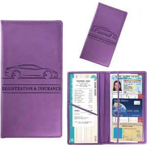 Leather Auto License Document Glove Box Compartment Organizer for Driver License & ID Card (Purple) - Essential Wallet Case