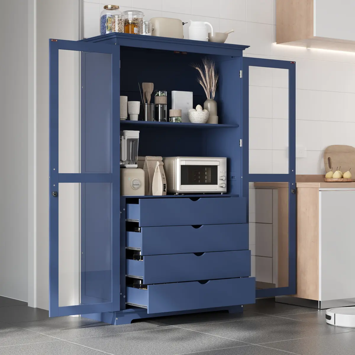 Modern Freestanding Blue Wood Kitchen Pantry Cabinet (44.7x20x75 in) - Solid Pine Stable Indoor Cupboard with Glass Doors, Long Handles, 4 Built-in 50 lbs Drawers, Clean Design for Living Room, Dining Room, Storage