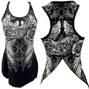 McBling Split Tail Moto Wings Tank Top Women's Crystal Rhinestone Fitted Sleeveless Cotton Y2K Graphic Tee with Motorcycle Wing Design