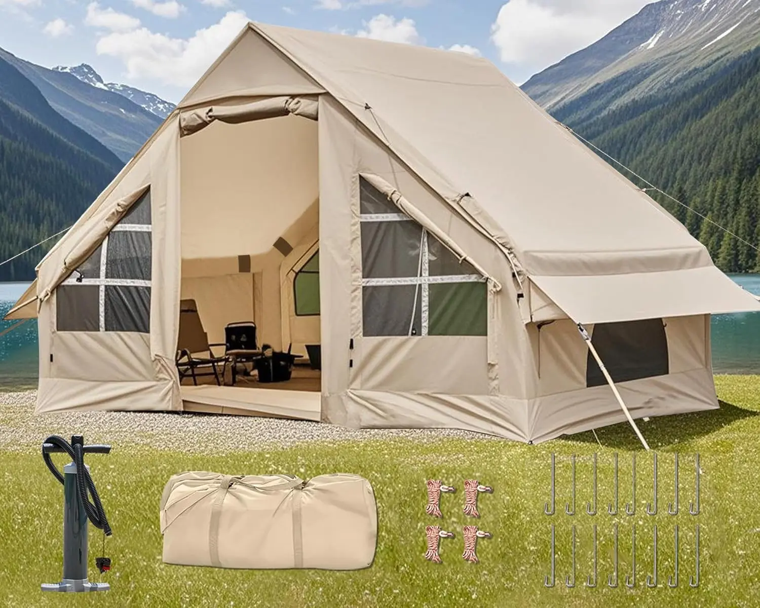 Inflatable Camping Tent,2/4/6/8 Person Glamping Inflatable Tents with Awning, Quick Setup Blow up Tents with Pump, Waterproof Oxford Inflatable House for Camping, Air Glamping Hot Tents for Adult DanCoom