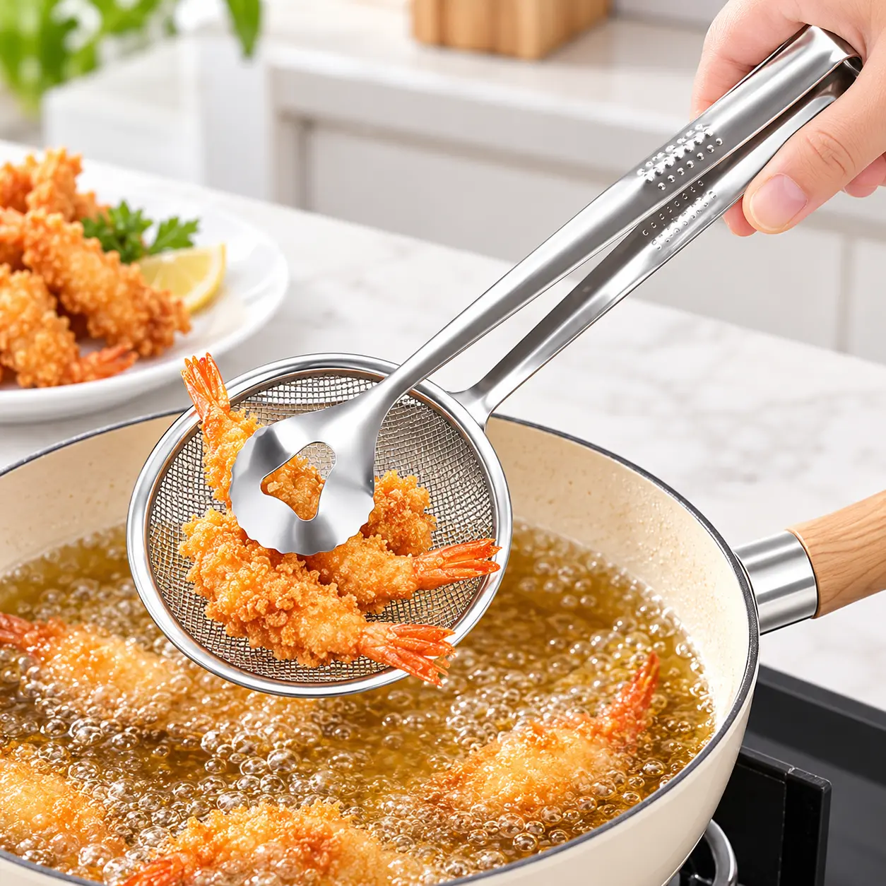 2-in-1 Stainless Steel Oil-Frying Filter Clip, Kitchen Gadgets Utensils for Fried Food Draining, Mesh Strainer Tongs Oil Skimmer Tool
