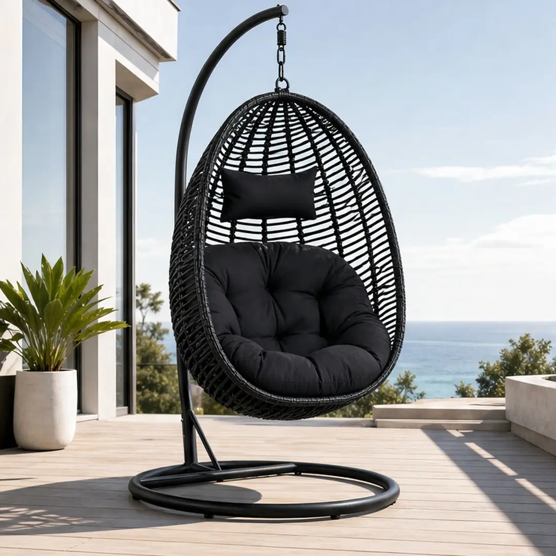 ARCH Foldable Hanging Egg Chair with Stand - Single Person Swing Chair, HDPE Rattan Wicker, Adjustable Chain, 350 Lbs Capacity Heavy-Duty Steel Frame, Seat Cushion & Headrest, 39.00w x 43.00d x 25.00h Inches, Black for Outdoor Patio, Bedroom, Lounge Chair