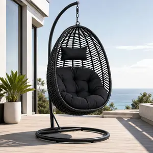 ARCH Foldable Hanging Egg Chair with Stand, HDPE Rattan Wicker Swing Chair with Cushion and Headrest, Heavy Duty Steel Frame 350 Lbs Capacity, Black, for Outdoor Patio Garden Indoor Bedroom Balcony, Black Color Options, HDPE Material