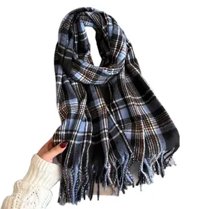 Retro plaid autumn and winter warm scarf men's and women's shawls versatile high-end commuting fringed cashmere scarf new